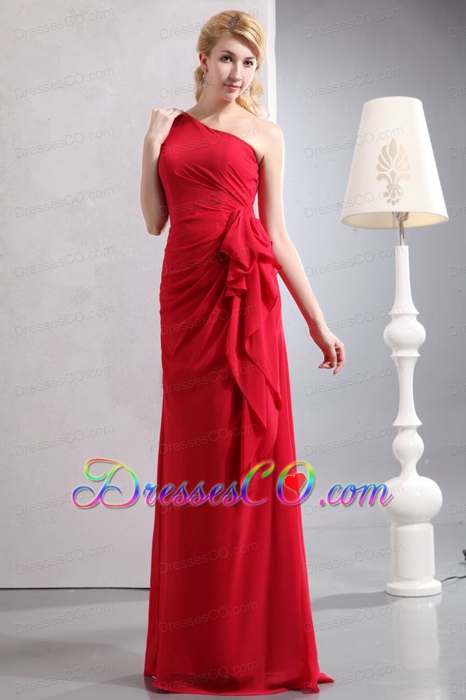 Elegant Red Column One Shoulder Bridesmaid Dress Long Chiffon Ruche