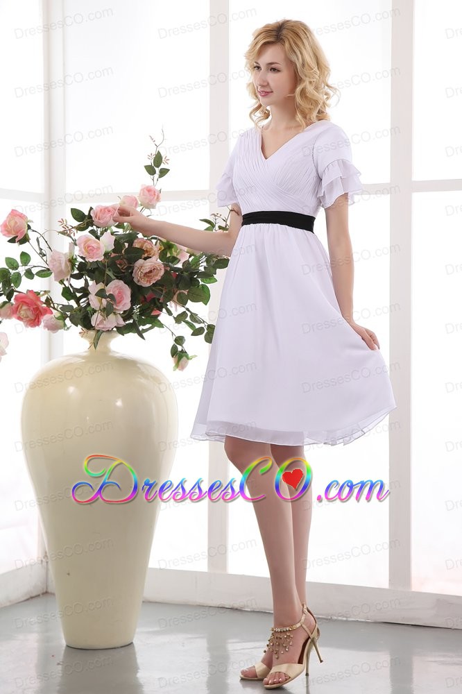 White A-line V-neck Mini-length Chiffon Ruched Prom Dress