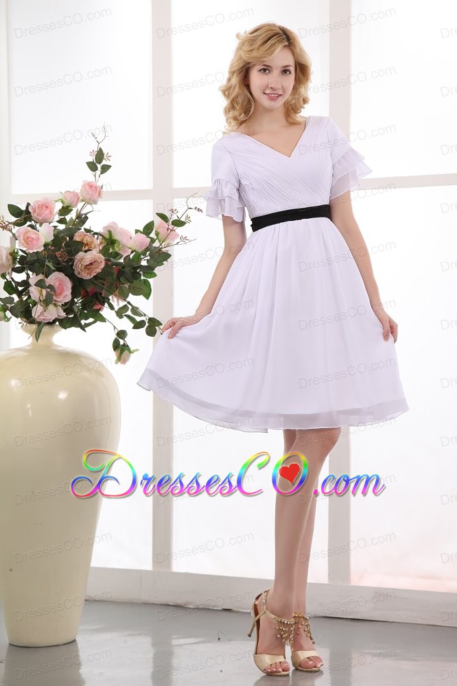 White A-line V-neck Mini-length Chiffon Ruched Prom Dress