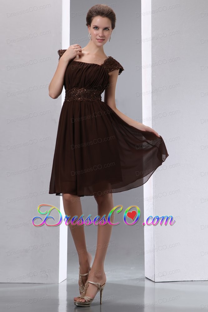 Gorgeous Brown A-line Square Beading Prom Dress Knee-length Chiffon