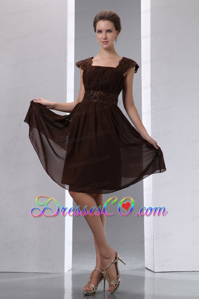 Gorgeous Brown A-line Square Beading Prom Dress Knee-length Chiffon