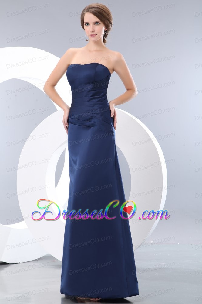 Cheap Navy Blue Strapless Ruched Bridesmaid Dress Column Long Satin