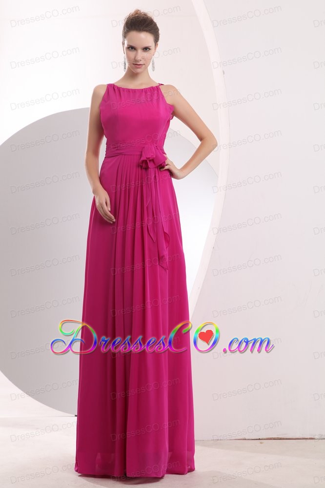 Modest Hot Pink Empire Prom Dress Bateau Chiffon Sash Long