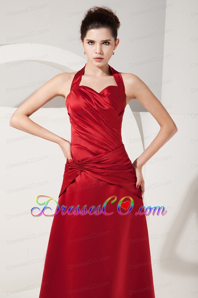 Elegant Red Empire Halter Ruched Bridesmaid Dress Long Satin