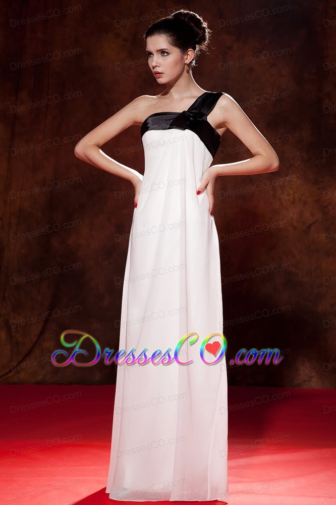 Pretty Black And White Cocktail Dress Bow Empire One Shoulder Long Chiffon