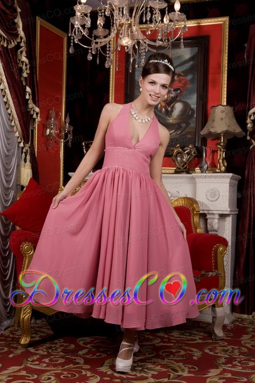 Light Pink A-line / Princess Halter Tea-length Chiffon Beading Prom / Homecoming Dress
