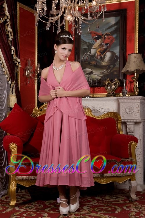 Light Pink A-line / Princess Halter Tea-length Chiffon Beading Prom / Homecoming Dress