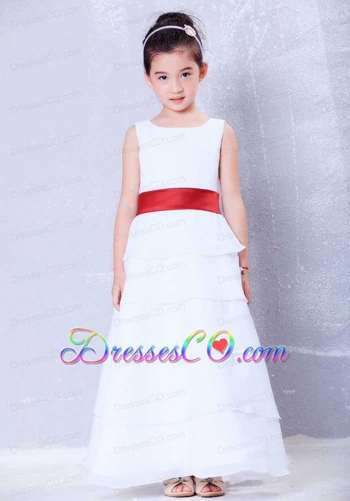 White And Red A-line Scoop Ankle-length Chiffon Sash Flower Girl Dress