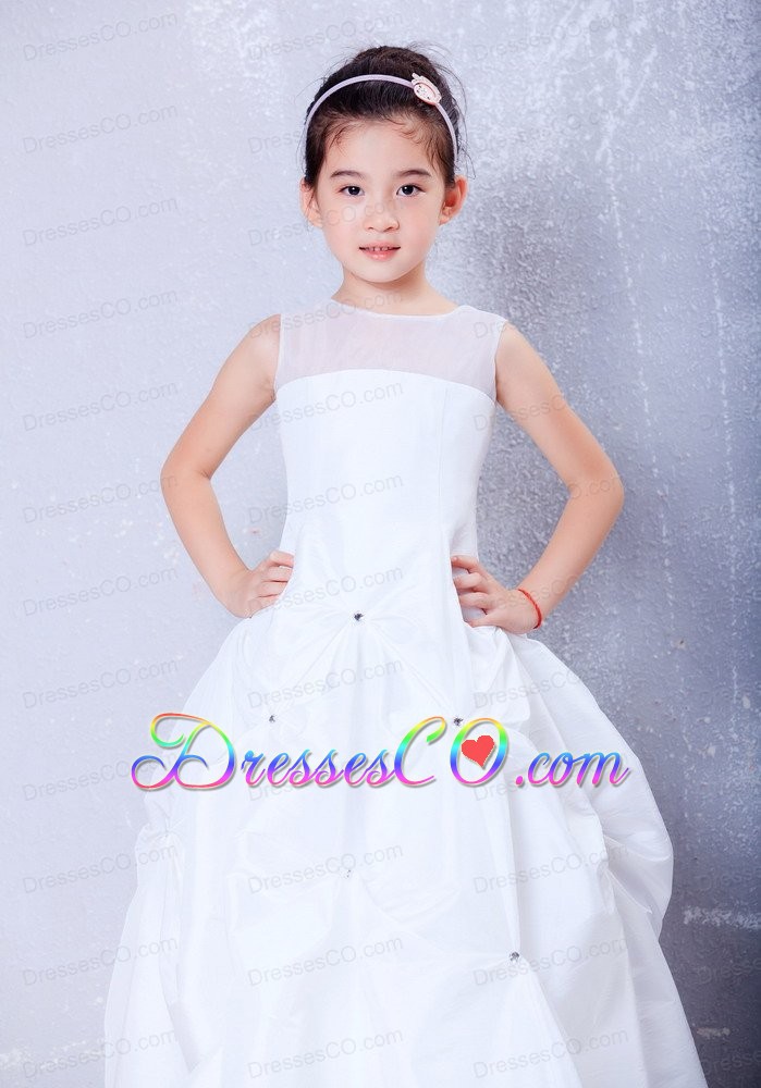 White A-line Bateau Ankle-length Taffeta And Organza Beading Flower Girl Dress