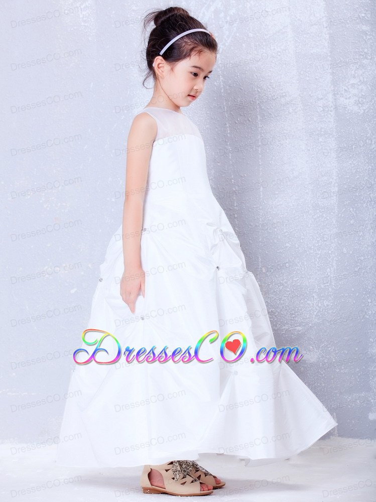 White A-line Bateau Ankle-length Taffeta And Organza Beading Flower Girl Dress