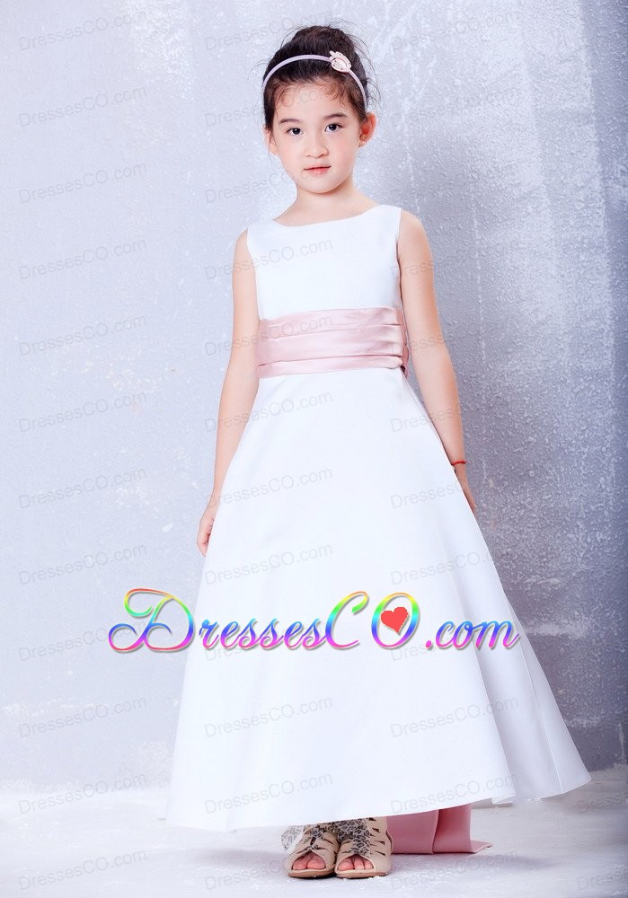 White And Pink A-line Scoop Ankle-length Taffeta Sash Flower Girl Dress