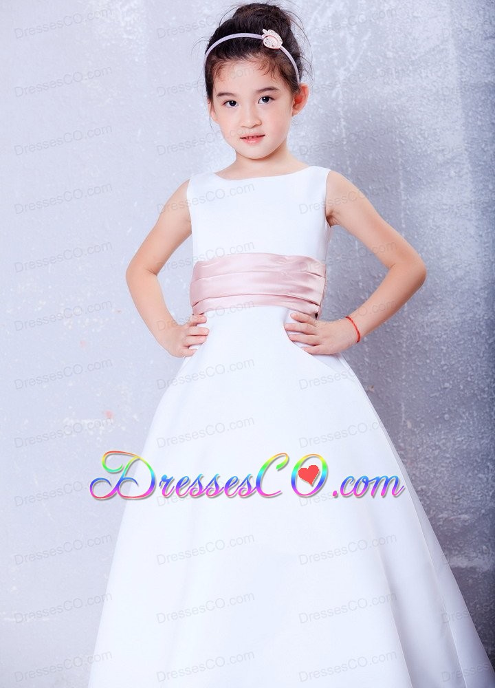 White And Pink A-line Scoop Ankle-length Taffeta Sash Flower Girl Dress