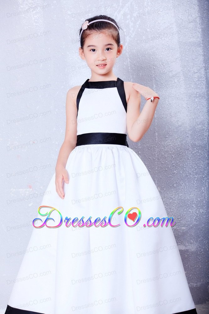 White And Black A-line Square Ankle-length Taffeta Bow Flower Girl Dress