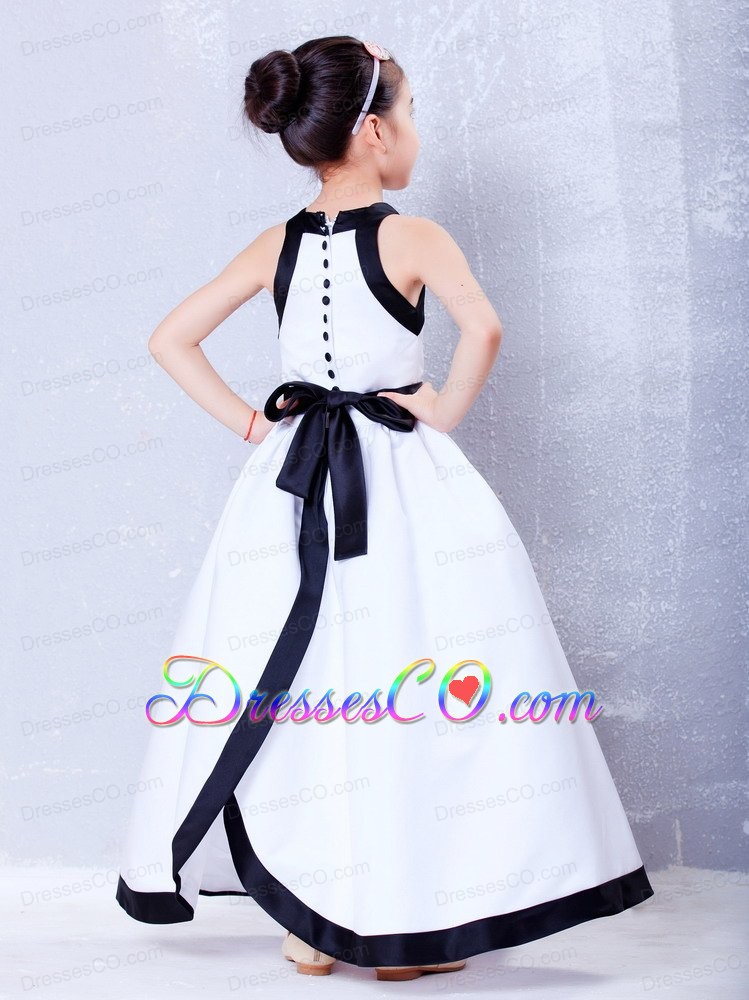 White And Black A-line Square Ankle-length Taffeta Bow Flower Girl Dress