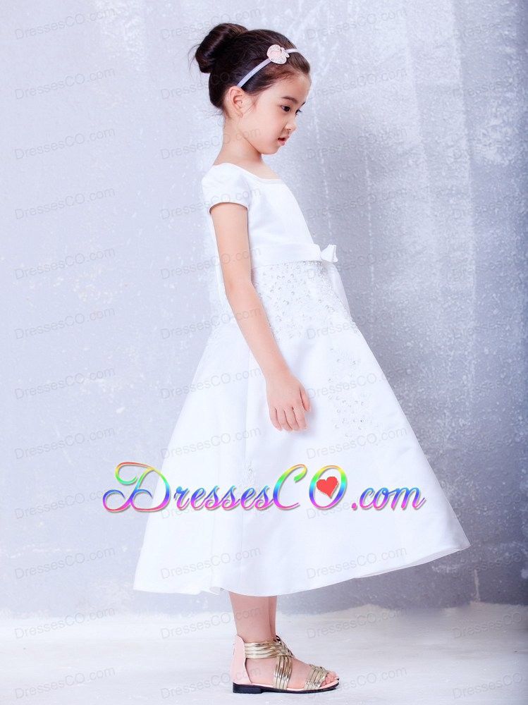 White A-line Scoop Tea-length Taffeta Beading And Bow Flower Girl Dress