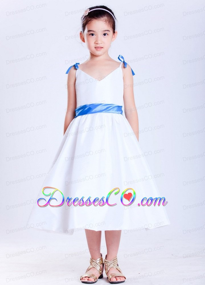 White And Blue A-line V-neck Tea-length Taffeta Bows Flower Girl Dress