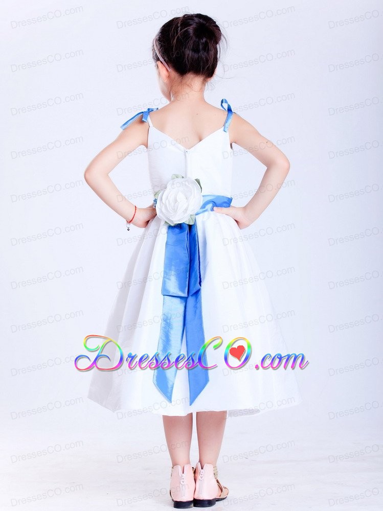 White And Blue A-line V-neck Tea-length Taffeta Bows Flower Girl Dress