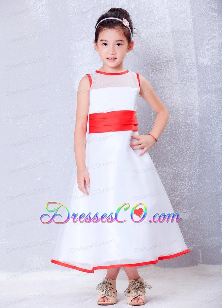White And Red A-line Scoop Ankle-length Organza Flower Girl Dress