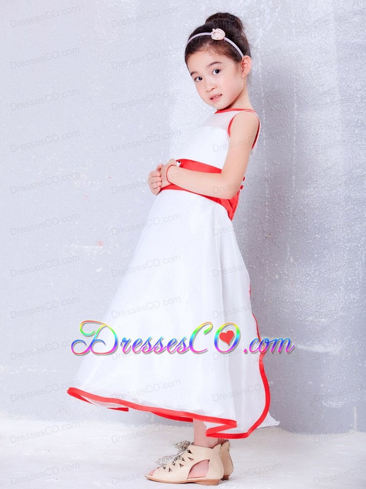 White And Red A-line Scoop Ankle-length Organza Flower Girl Dress