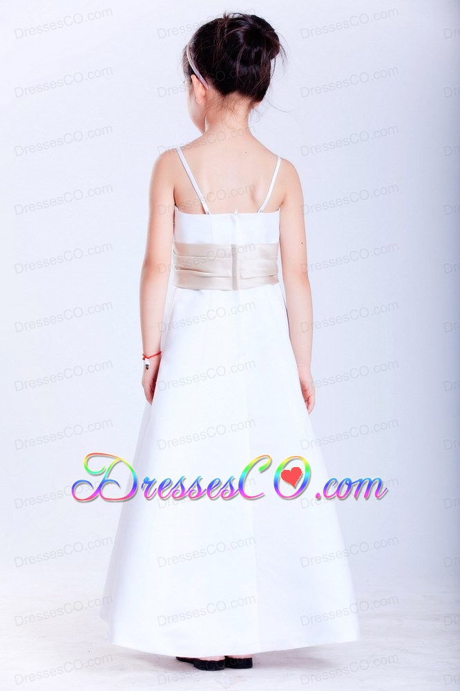 White A-line Straps Ankle-length Satin Beading Flower Girl Dress