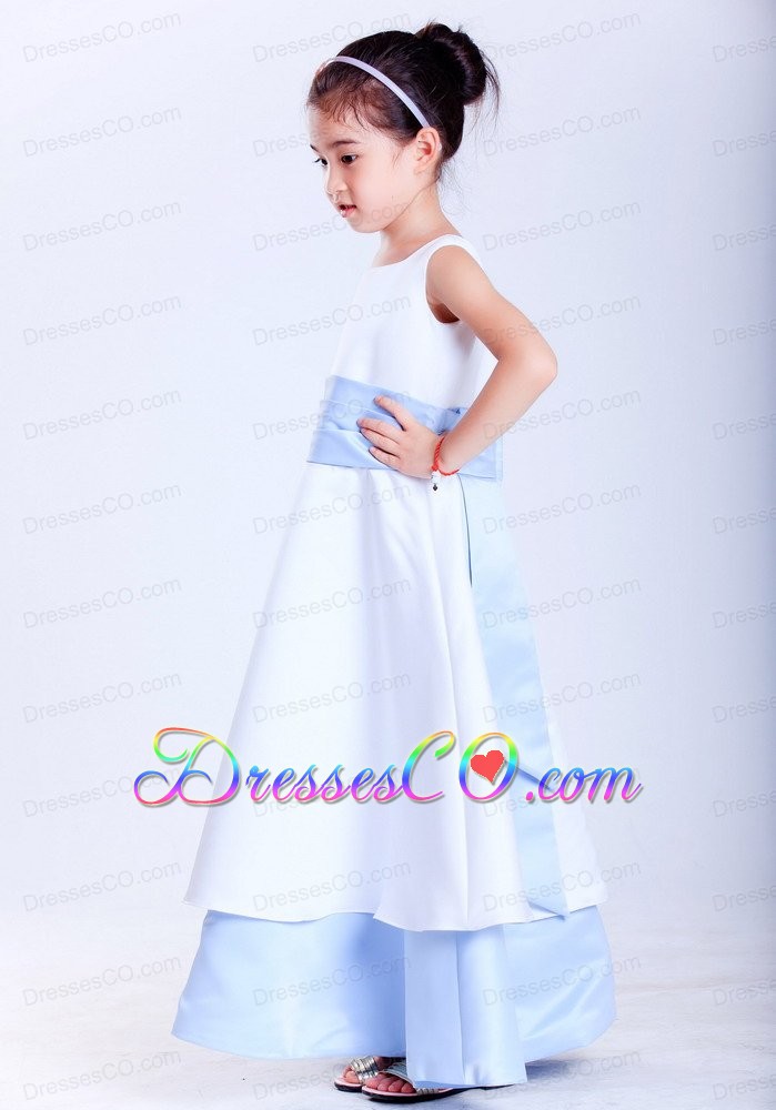White And Light Blue A-line Scoop Ankle-length Taffeta Sash Flower Girl Dress