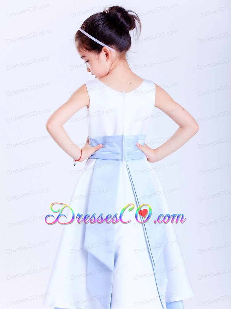 White And Light Blue A-line Scoop Ankle-length Taffeta Sash Flower Girl Dress