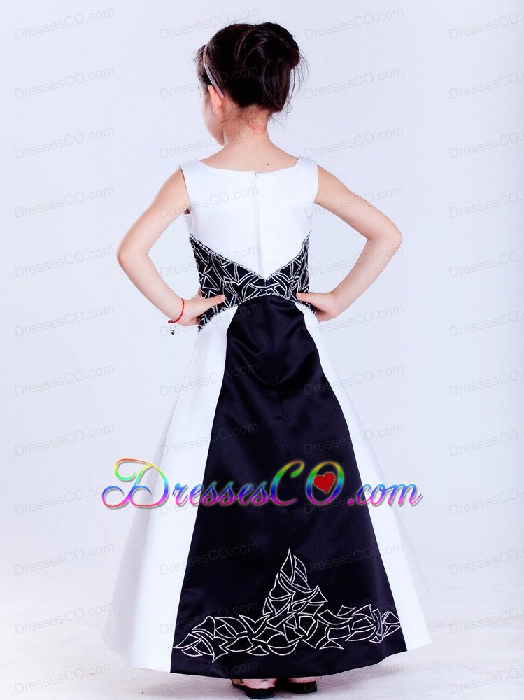 White And Black A-line Scoop Ankle-length Satin Embroidery Flower Girl Dress