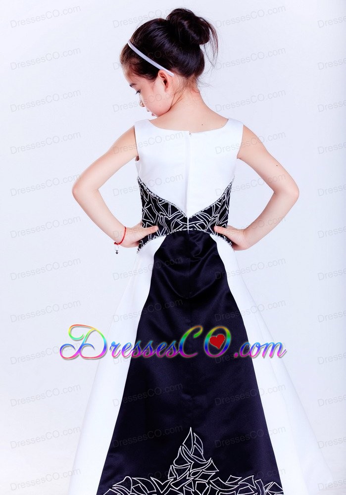 White And Black A-line Scoop Ankle-length Satin Embroidery Flower Girl Dress