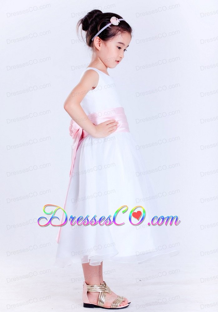 White And Pink A-line Scoop Tea-length Taffeta And Organza Hand Made Flower Flower Girl Dress