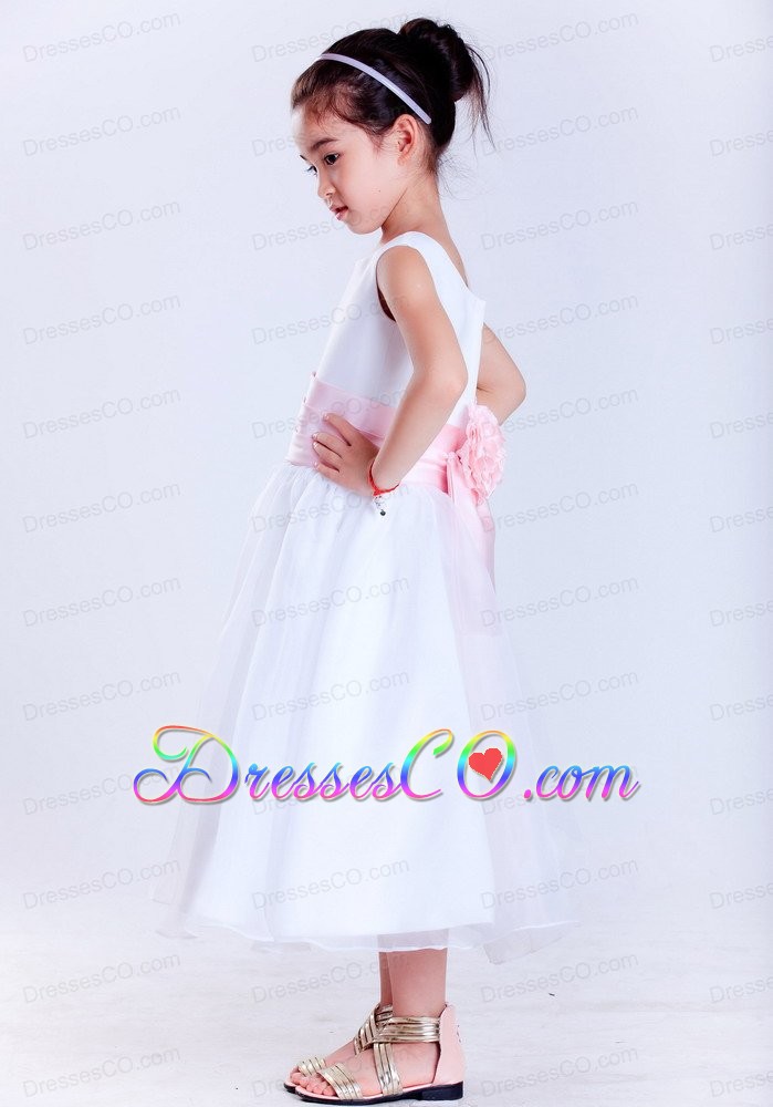 White And Pink A-line Scoop Tea-length Taffeta And Organza Hand Made Flower Flower Girl Dress