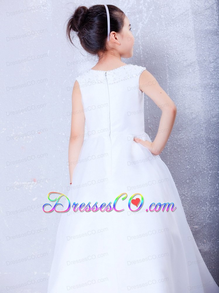 White A-line Bateau Ankle-length Organza Beading Flower Girl Dress