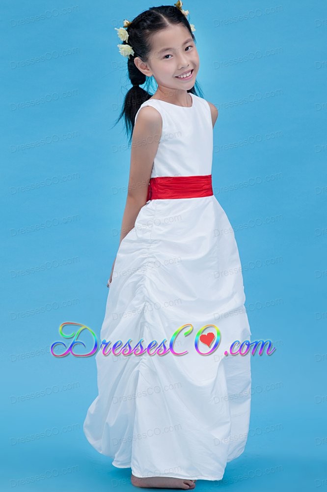 White Column Scoop Ankle-length Taffeta Belt Flower Girl Dress