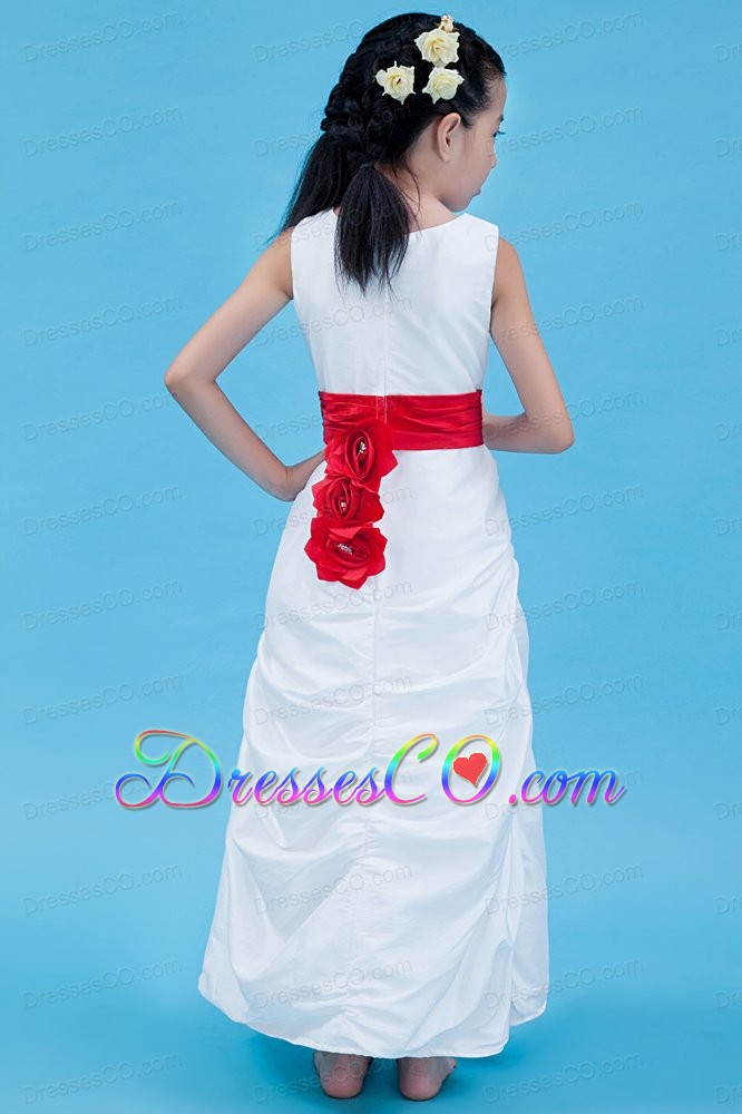White Column Scoop Ankle-length Taffeta Belt Flower Girl Dress