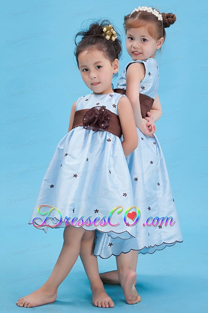 Baby Blue A-line Scoop Ankle-length Taffeta Appliques Flower Girl Dress
