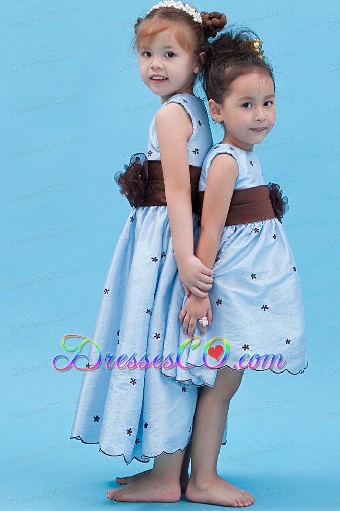 Baby Blue A-line Scoop Ankle-length Taffeta Appliques Flower Girl Dress