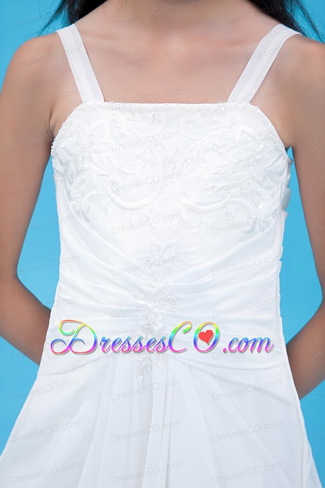 White A-line Straps Brush Train Chiffon Embroidery Flower Girl Dress