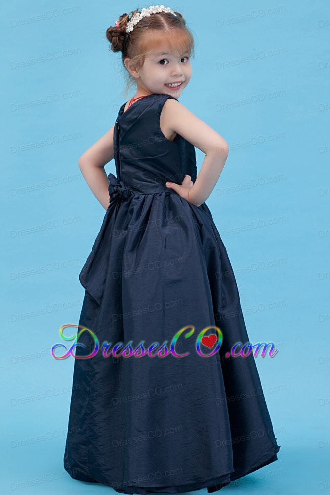 Navy Blue A-line V-neck Long Taffeta Flower Girl Dress