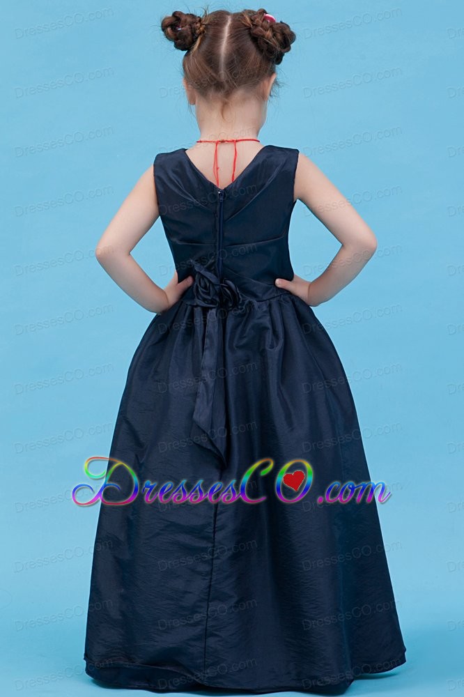 Navy Blue A-line V-neck Long Taffeta Flower Girl Dress
