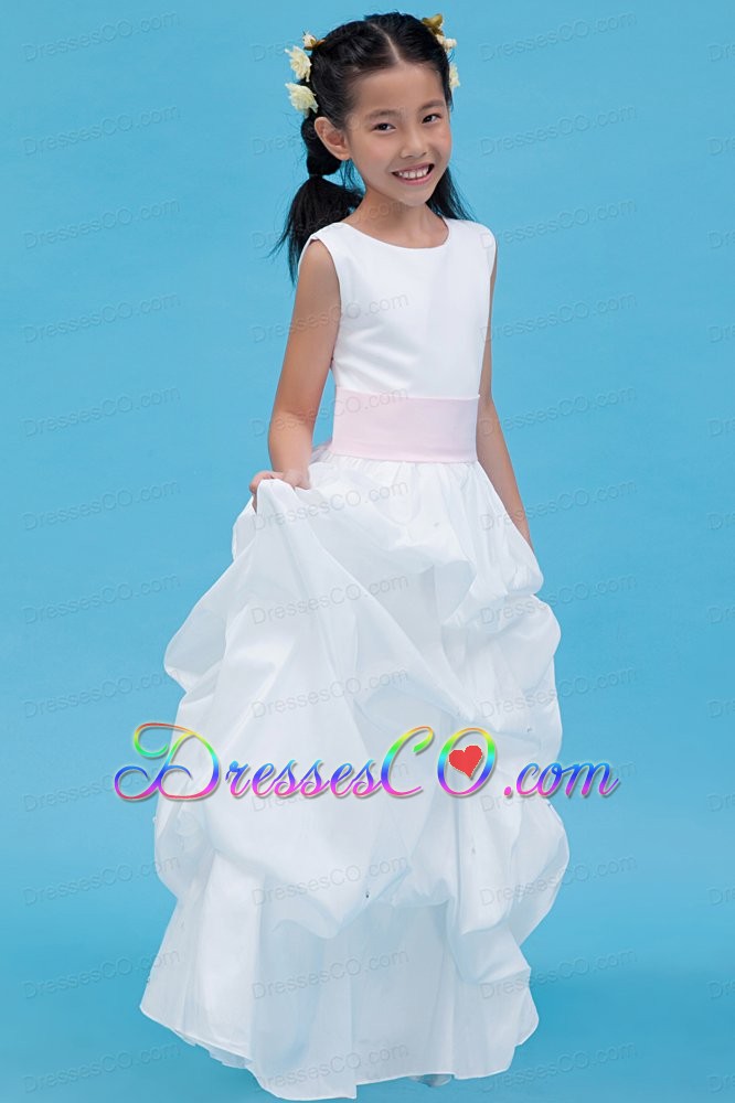 White A-line Scoop Long Taffeta Belt Flower Girl Dress