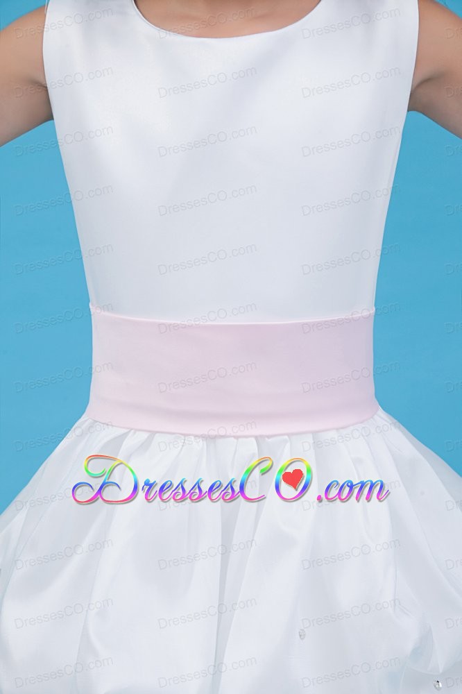 White A-line Scoop Long Taffeta Belt Flower Girl Dress