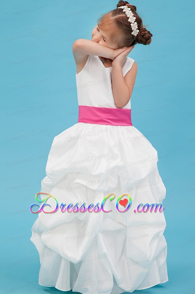 White A-line V-neck Ankle-length Taffeta Belt Flower Girl Dress