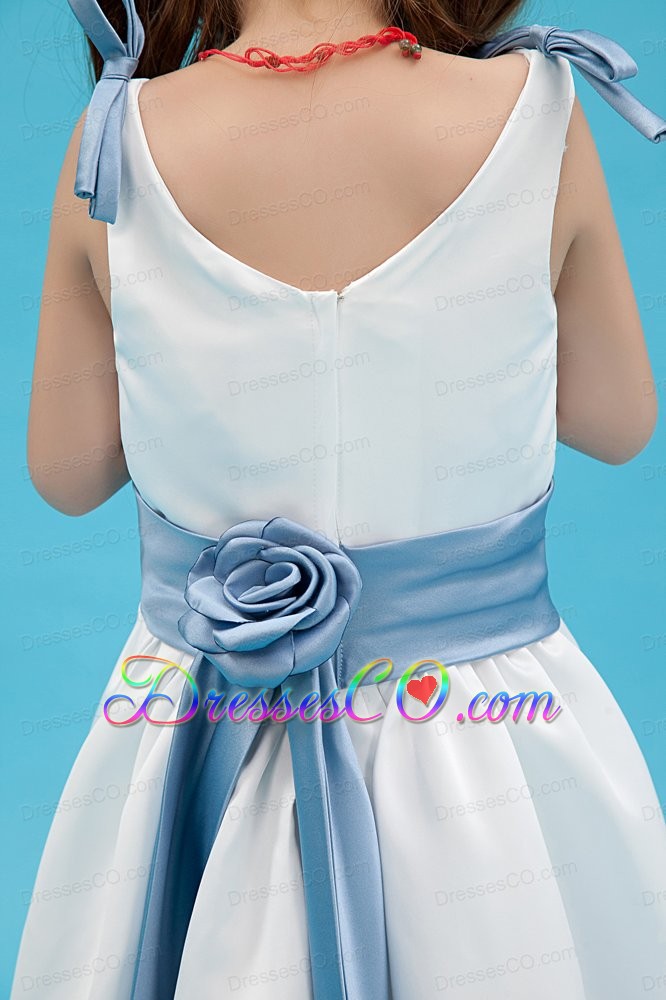 White A-line V-neck Ankle-length Taffeta Belt Flower Girl Dress