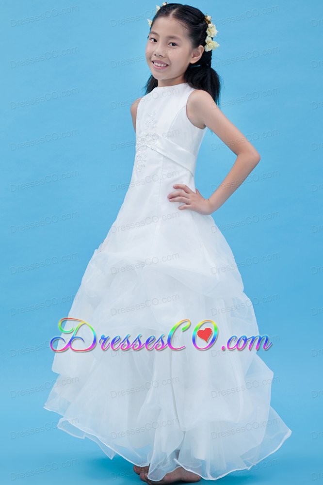 White A-line Scoop Ankle-length Organza Appliques Flower Girl Dress