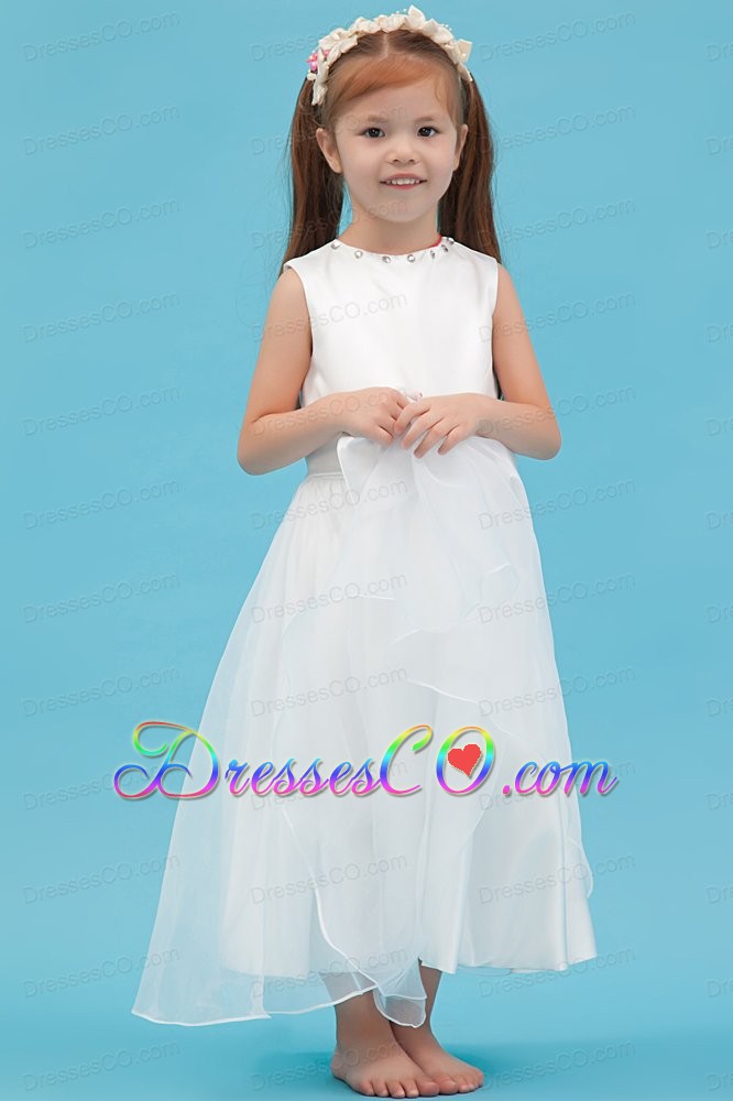 White A-line Scoop Ankle-length Organza Sash Flower Girl Dress