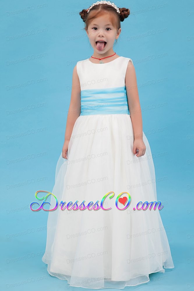 White A-line Scoop Long Organza Belt Flower Girl Dress