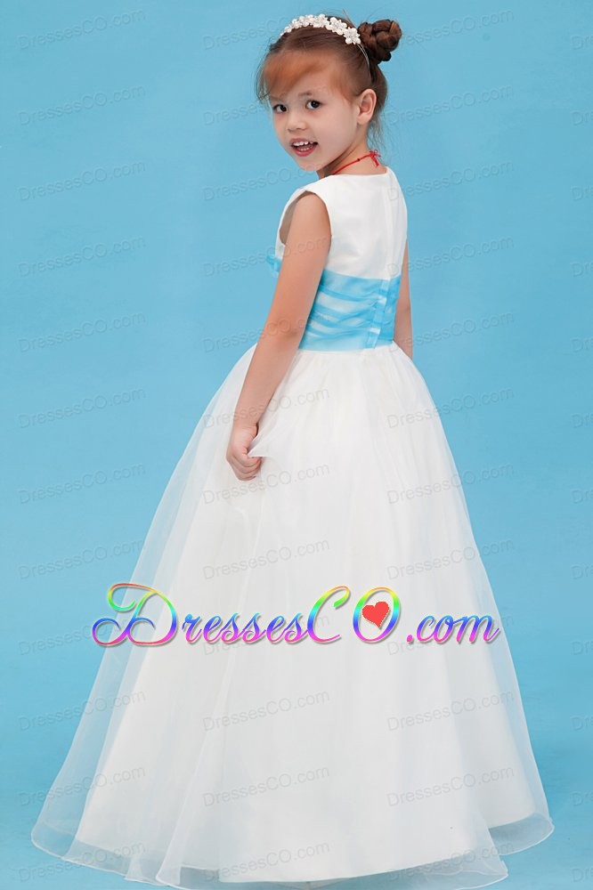 White A-line Scoop Long Organza Belt Flower Girl Dress