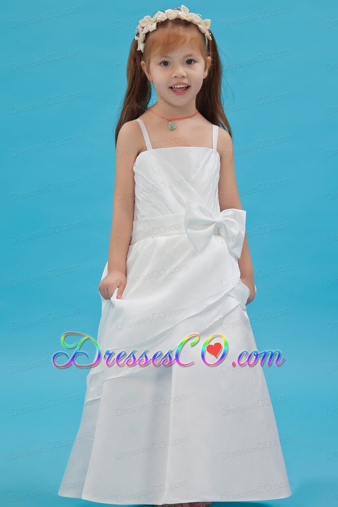 White A-line Straps Long Taffeta Sash Flower Girl Dress