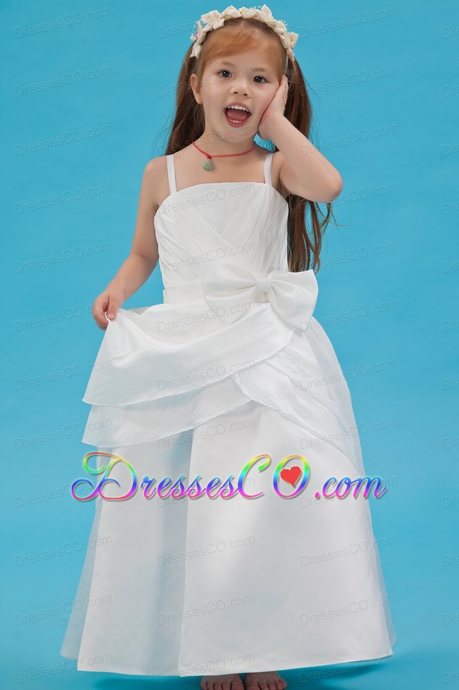 White A-line Straps Long Taffeta Sash Flower Girl Dress