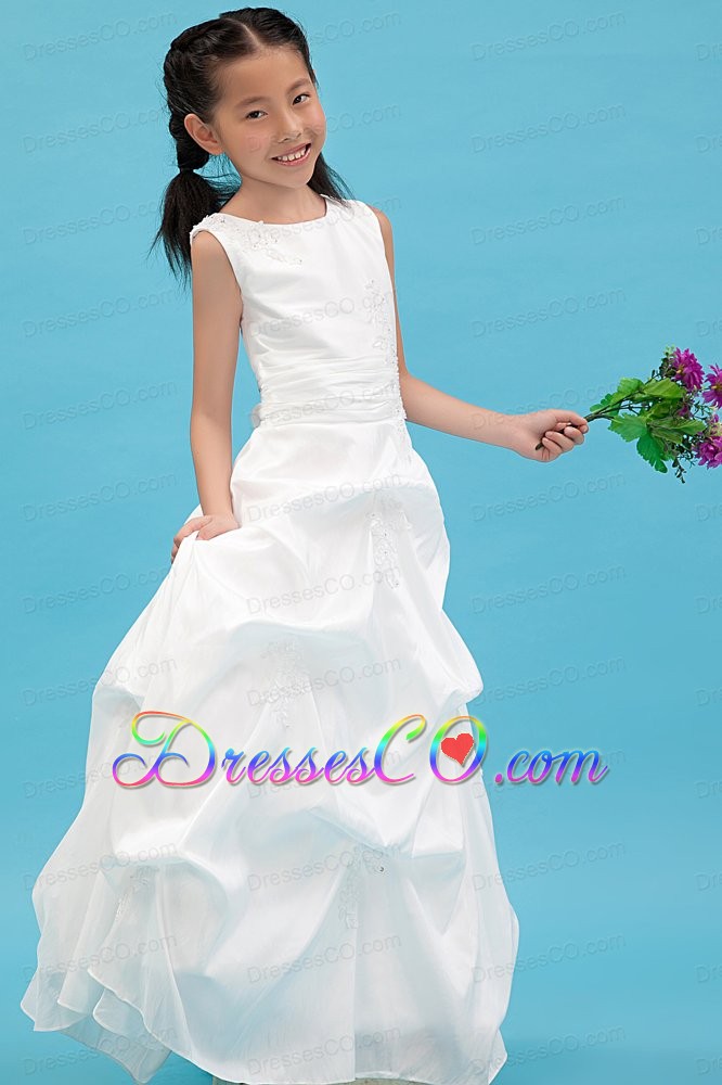 White A-line Scoop Long Taffeta Appliques Flower Girl Dress