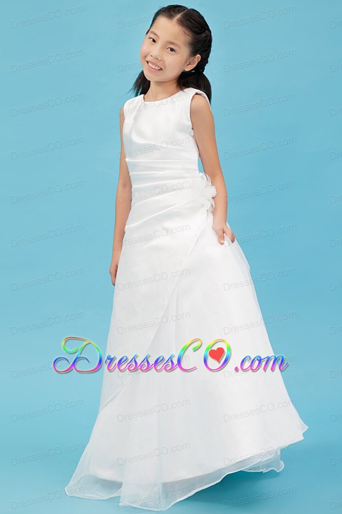 White A-line Scoop Long Taffeta Appliques Flower Girl Dress